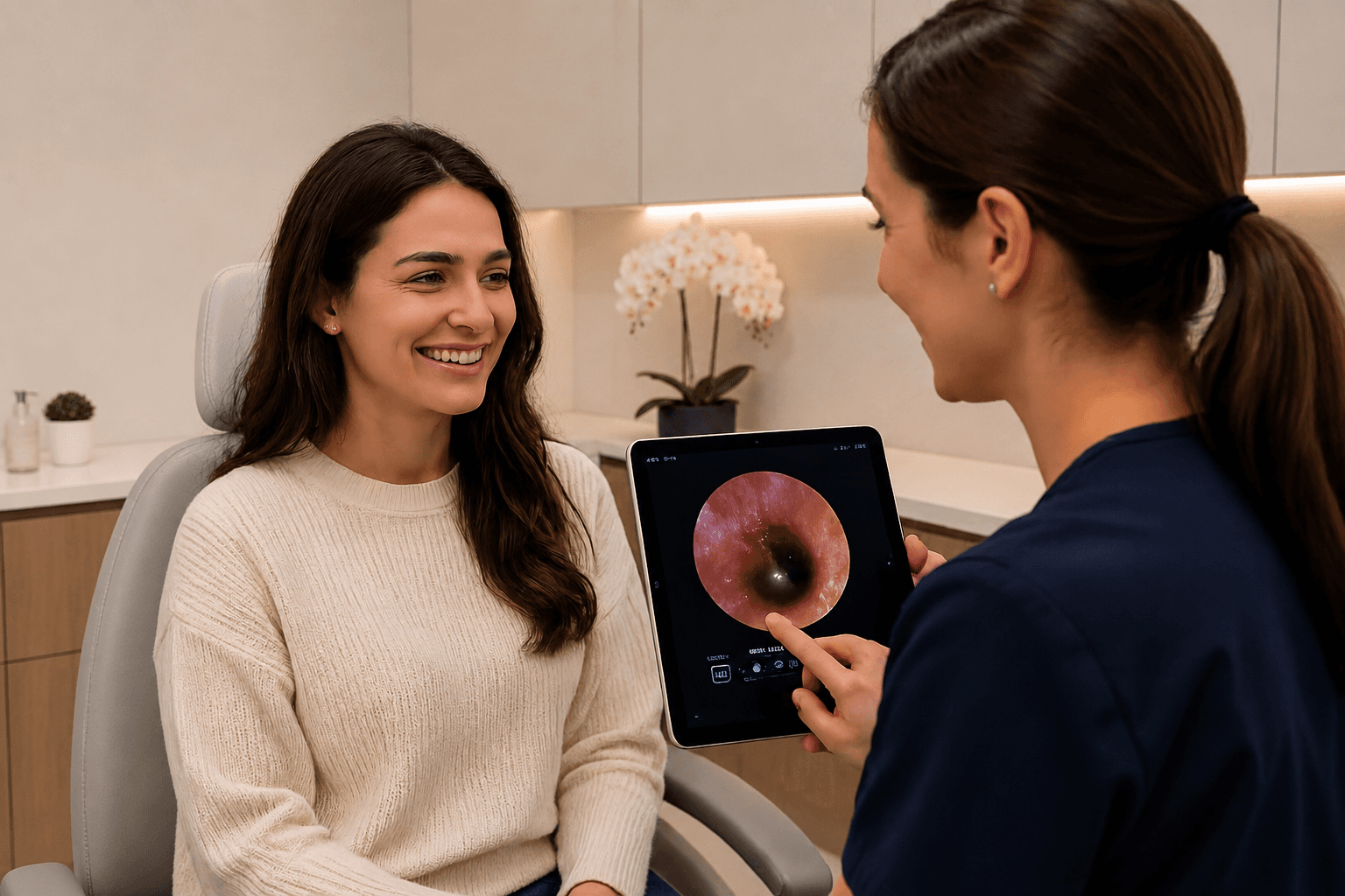 A clinician shows a patient the inside of their ear on a tablet