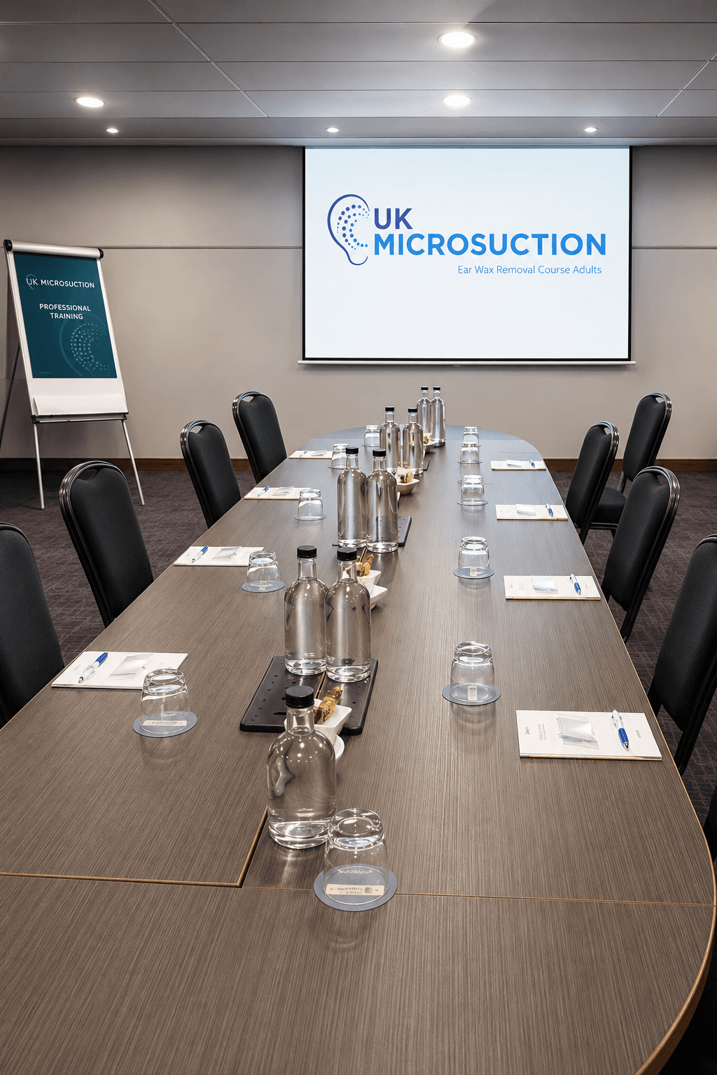 UK Microsuction training room set up for a cohort, projector showing the company logo